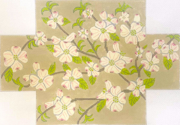 j. childs needlepoint canvas of brickcover with dogwood floral design