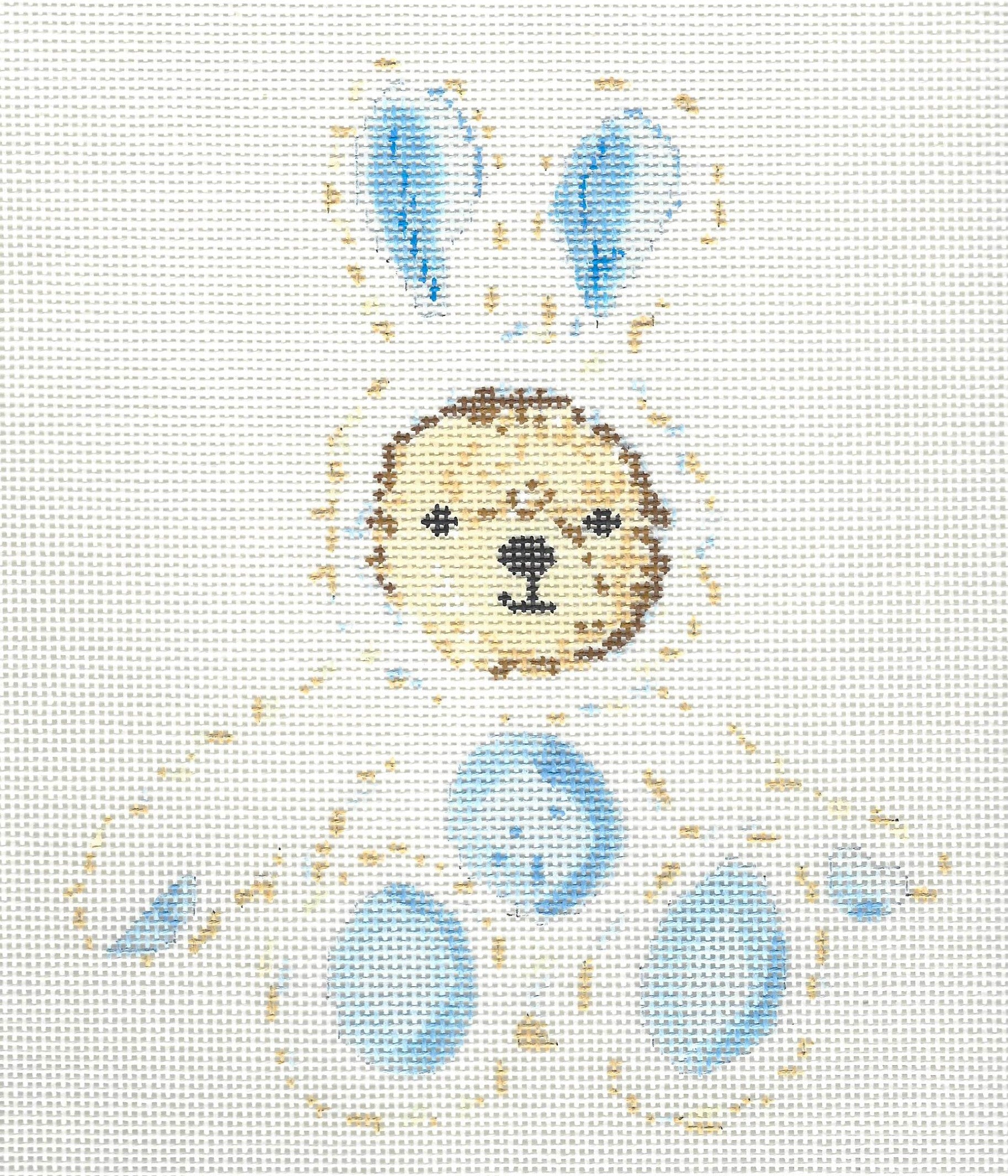 Blueberry Point Canvas needlepoint canvas of a teddy bear wearing white and blue bunny costume
