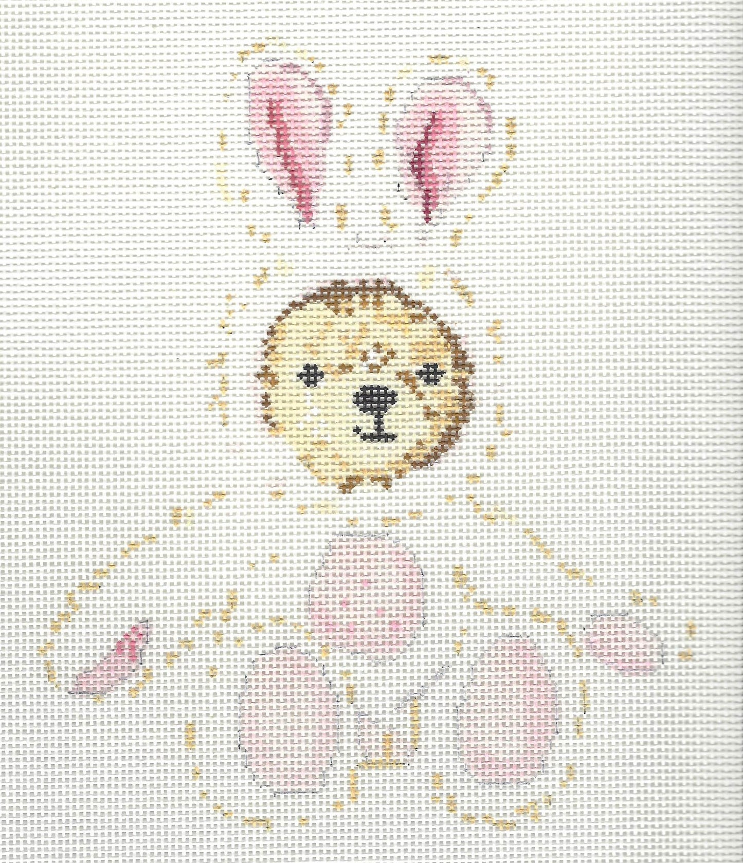Blueberry Point Canvas needlepoint canvas of a teddy bear wearing white and pink bunny costume