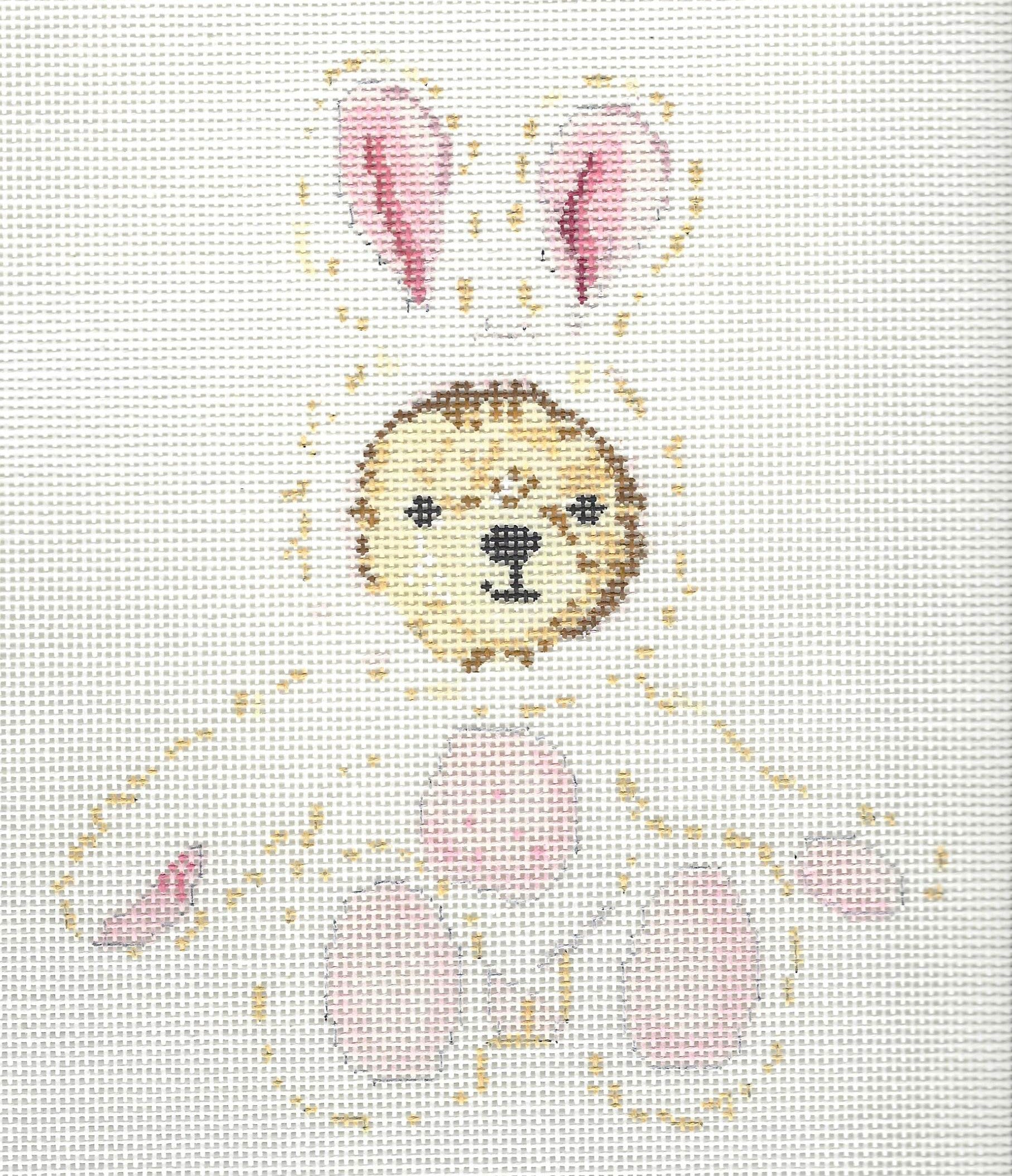 Blueberry Point Canvas needlepoint canvas of a teddy bear wearing white and pink bunny costume