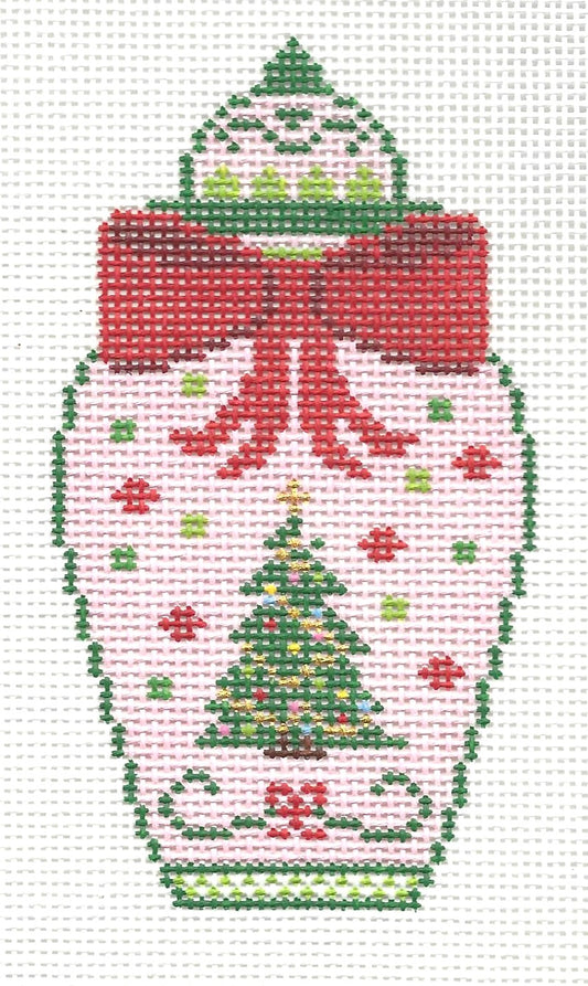 Jessica Tongel Designs needlepoint canvas of ginger jar with Christmas theme