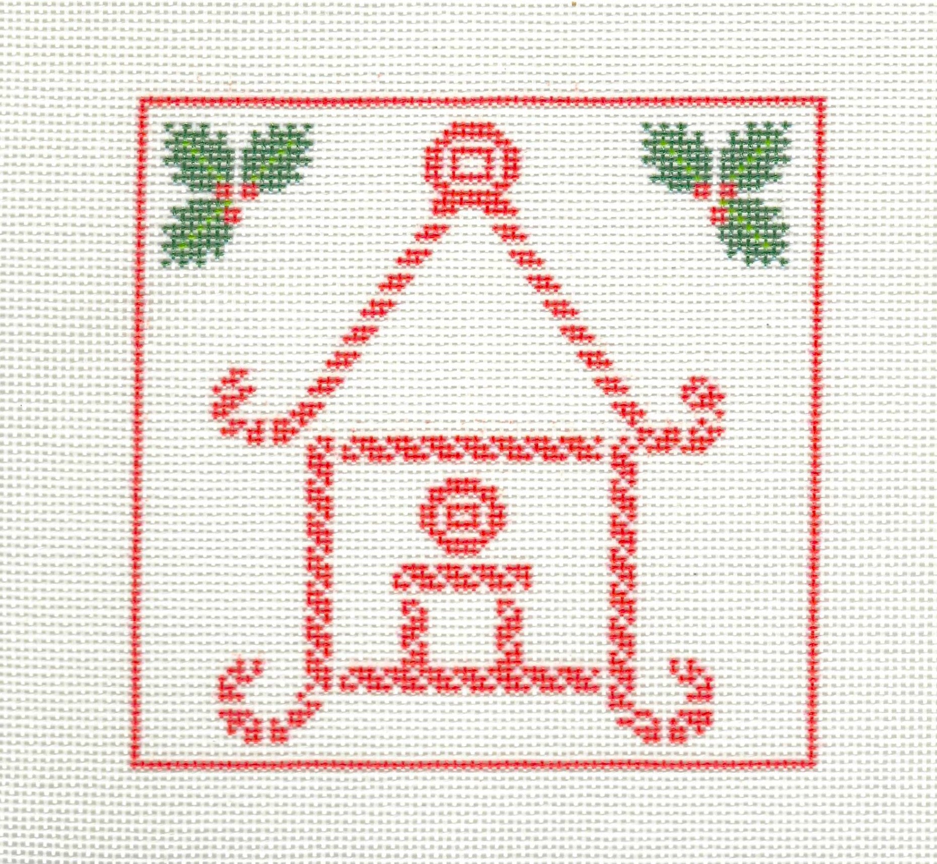 KCN Designers needlepoint canvas of a red candy cane pagoda with holly leaves on a white background