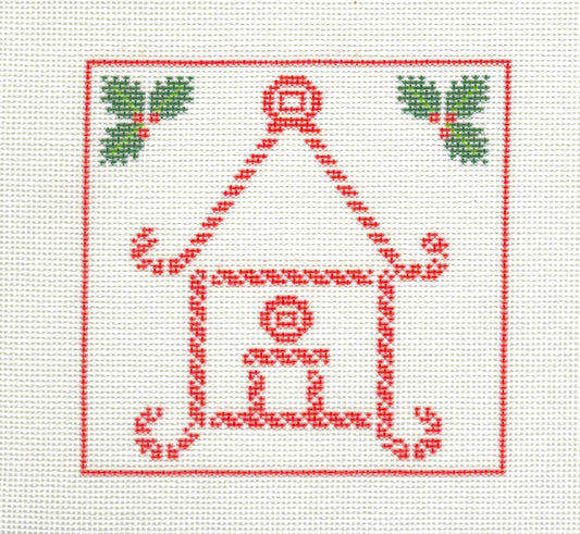 KCN Designers needlepoint canvas of a red candy cane pagoda with holly leaves on a white background