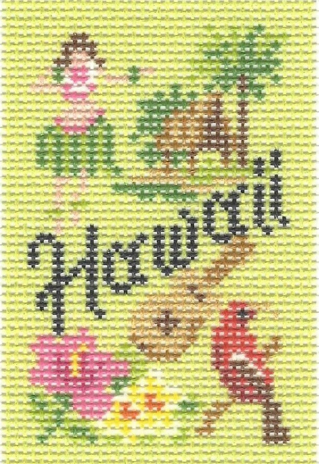 Kirk & Bradley charm needlepoint canvas of Hawaiian-themed elements with text 'Hawaii' in center