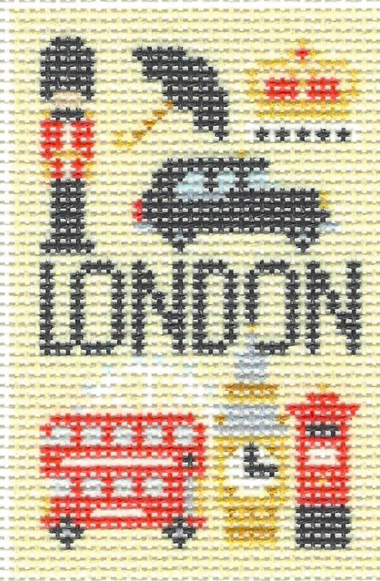 Kirk & Bradley charm needlepoint canvas of London-themed elements with text 'LONDON' in center