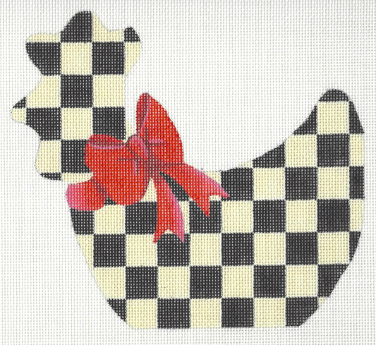 Raymond Crawford Designs needlepoint canvas of a black and white checkered rooster with a red bow on a white background