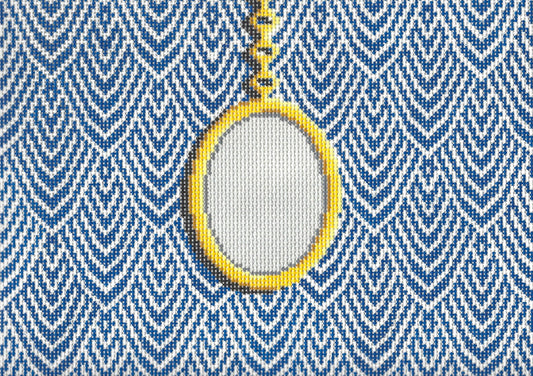 Jeni Sandberg needlepoint canvas of clutch with gold pendant on a white and blue patterned background