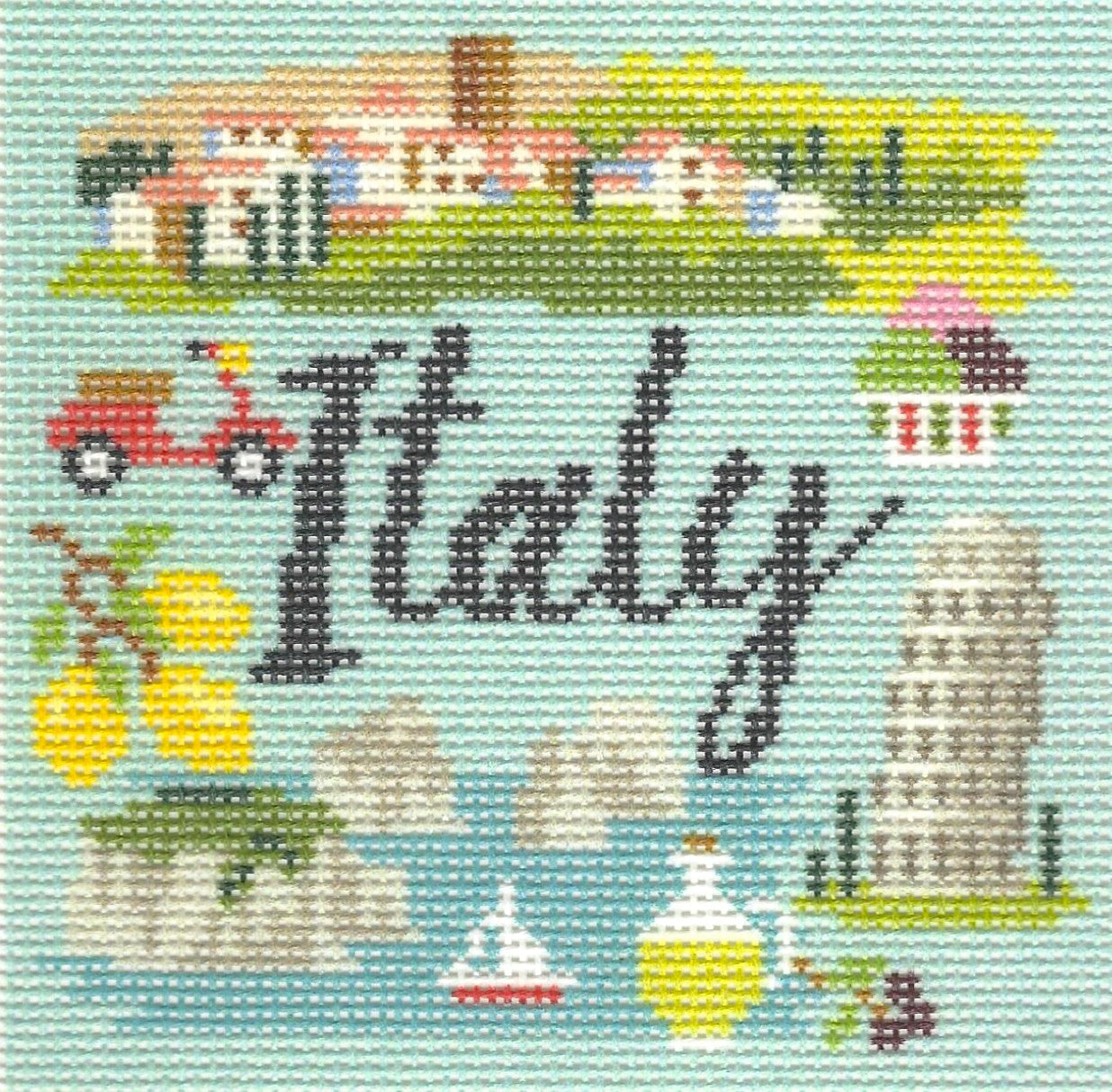 Kirk & Bradley coaster needlepoint canvas of Italian-themed elements on a light blue background with text 'Italy' in center