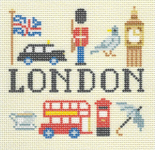 Kirk & Bradley coaster needlepoint canvas of London-themed elements with text 'LONDON' in center