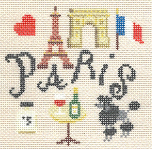 Kirk & Bradley coaster needlepoint canvas of Parisian-themed elements and landmarks with text 'PARiS' in center