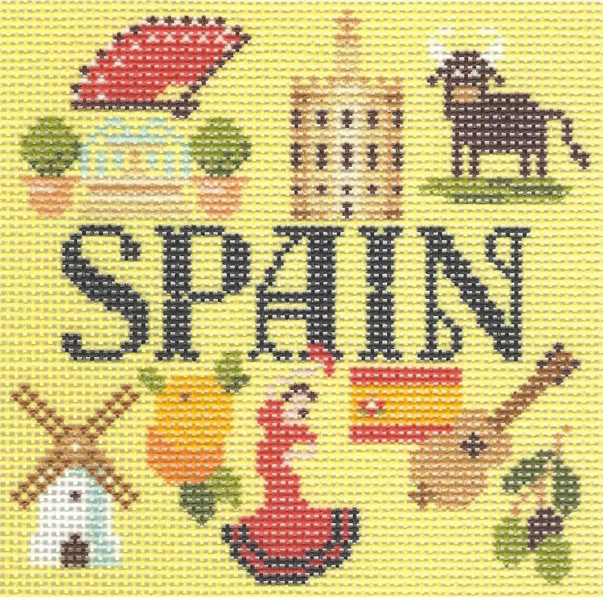Kirk & Bradley coaster needlepoint canvas of Spanish-themed elements on a yellow background with text 'SPAIN' in center