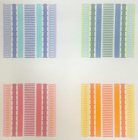 Blueberry Point Canvas needlepoint canvases of coasters with stripes of different colors.