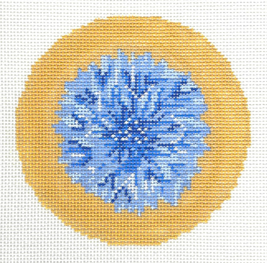Gingham Stitchery needlepoint canvas of cornflower on gold
