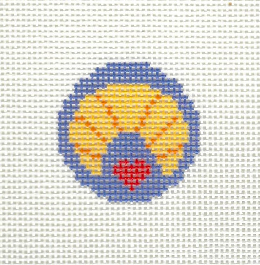 KCN Designers key fob insert needlepoint canvas of croissant with red heart on a blue background