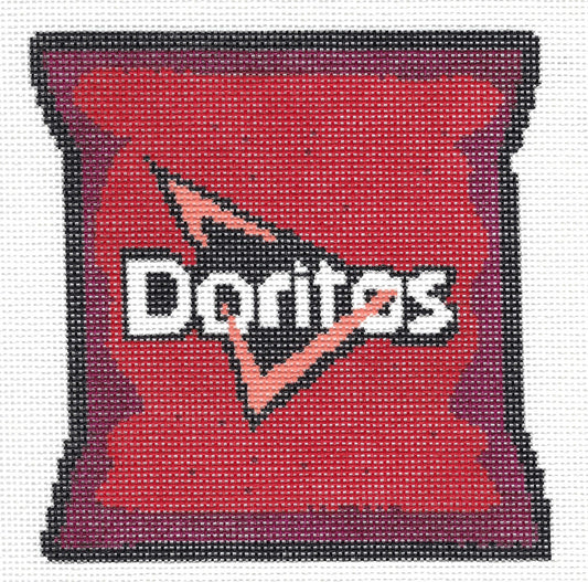 Bexar Needleworks needlepoint canvas of a red Doritos chip bag on a white background.