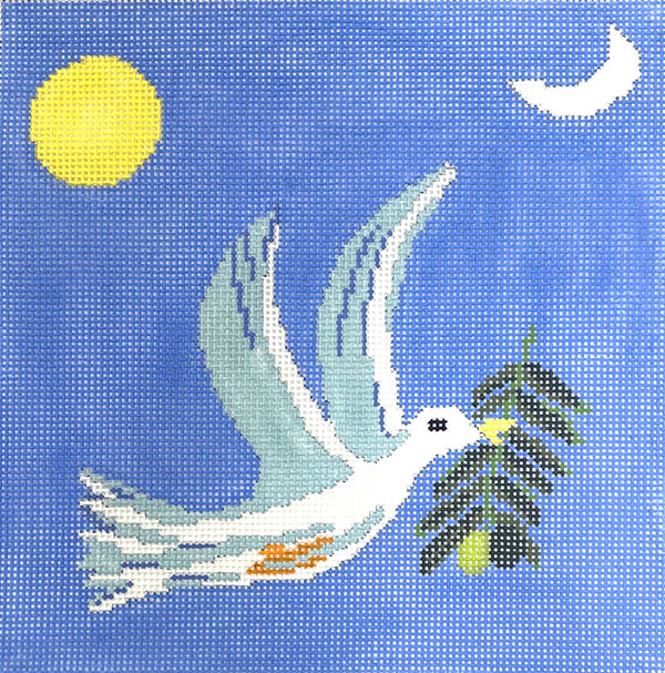 Birds of a Feather needlepoint canvas of a dove holding an olive branch against a blue background with sun and moon.