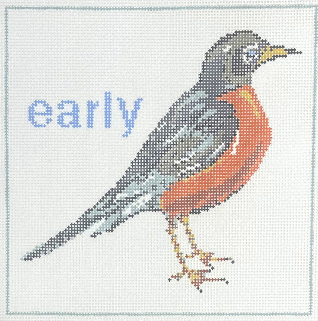Stitchtent needlepoint canvas with a robin and the text 'early' on a white background