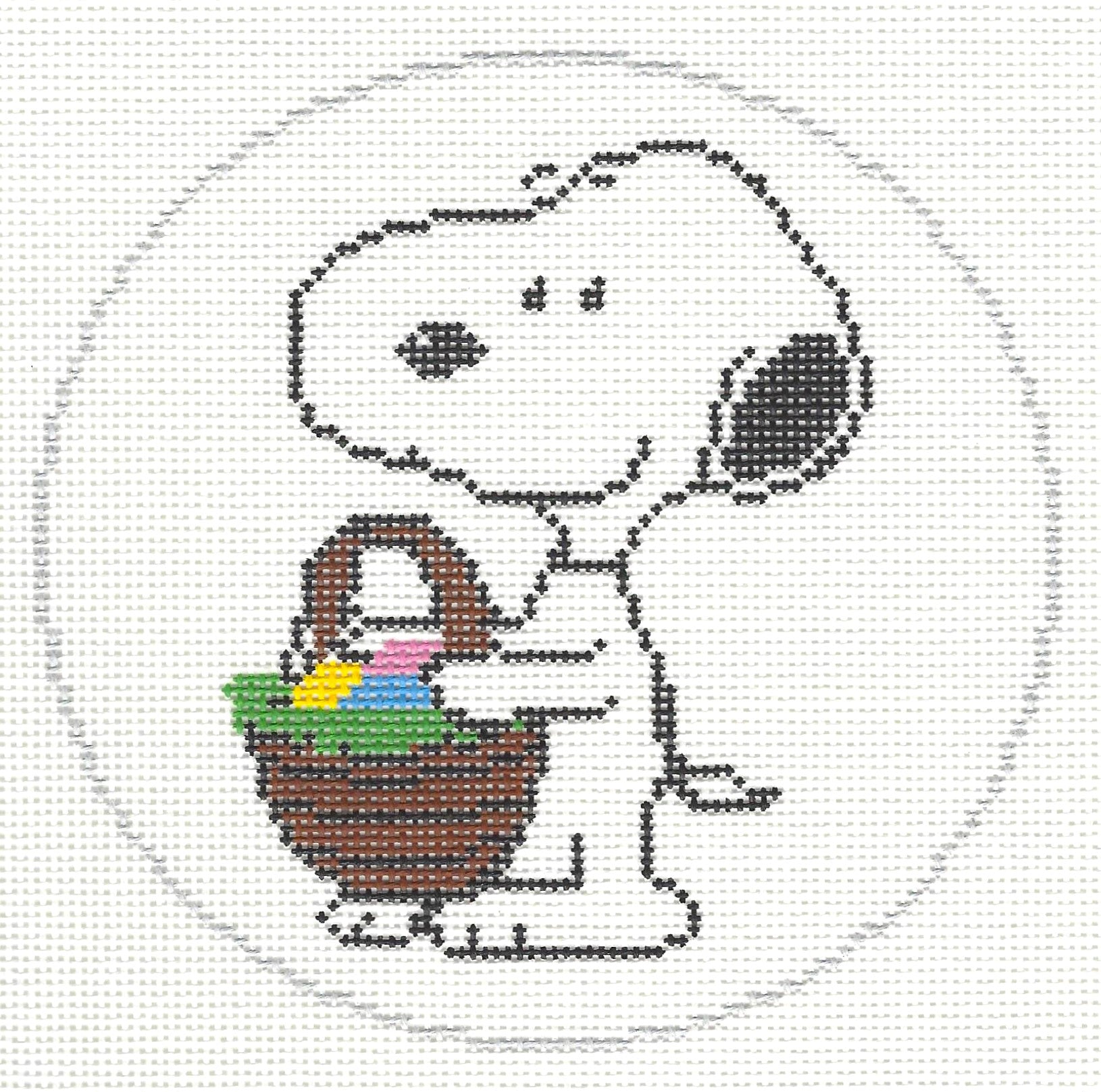 Officially Needlepoint round needlepoint canvas of Snoopy with Easter basket of eggs