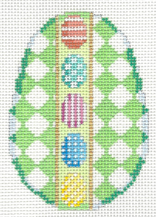 Associated Talents needlepoint canvas of a colorful harlequin-patterned egg design on a white background.
