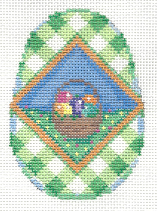 Associated Talents needlepoint canvas of colorful scene with egg basket on a gingham background shaped like an egg