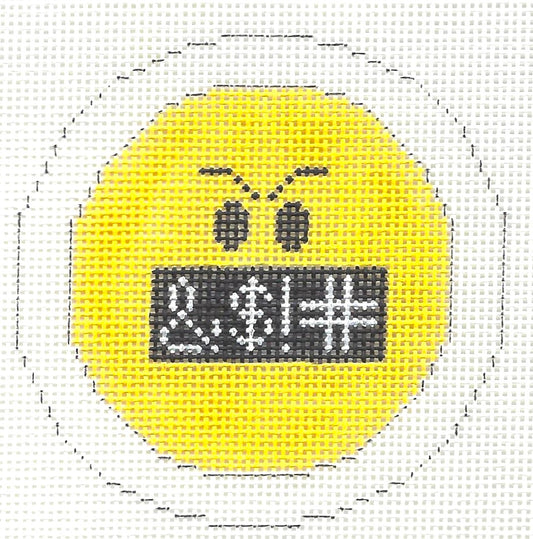 Sew Much Fun needlepoint canvas of emoji that is swearing expression on a white background.