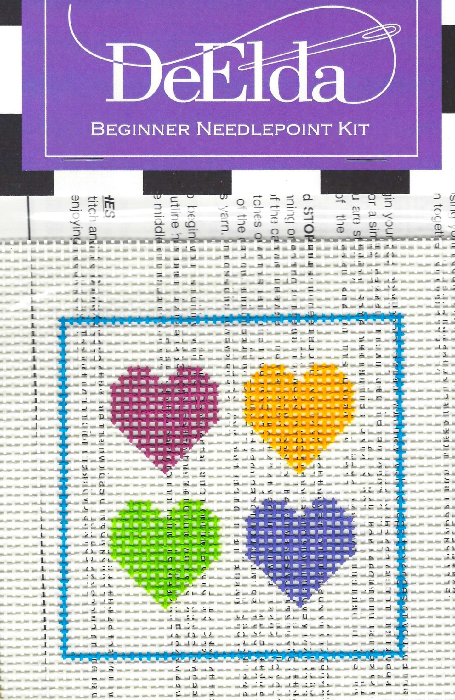 DeElda beginner needlepoint kit with colorful hearts on a white background