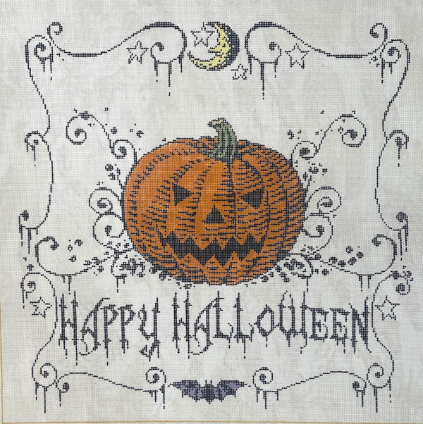 Sandra Gilmore needlepoint canvas featuring a carved orange pumpkin in the center, surrounded by black decorative swirls, stars, a crescent moon, and the words 'Happy Halloween' in a spooky font.