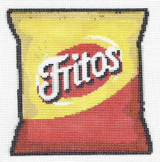 Bexar Needleworks needlepoint canvas of a bag of chips, featuring the classic yellow and red color scheme with white text 'Fritos'.