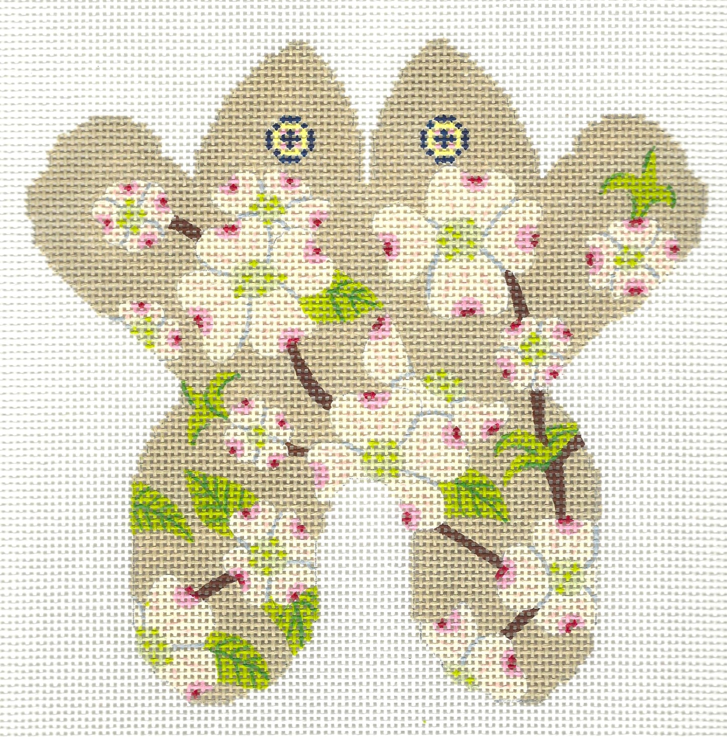 j. childs needlepoint canvas of decorate frog with dogwood floral design
