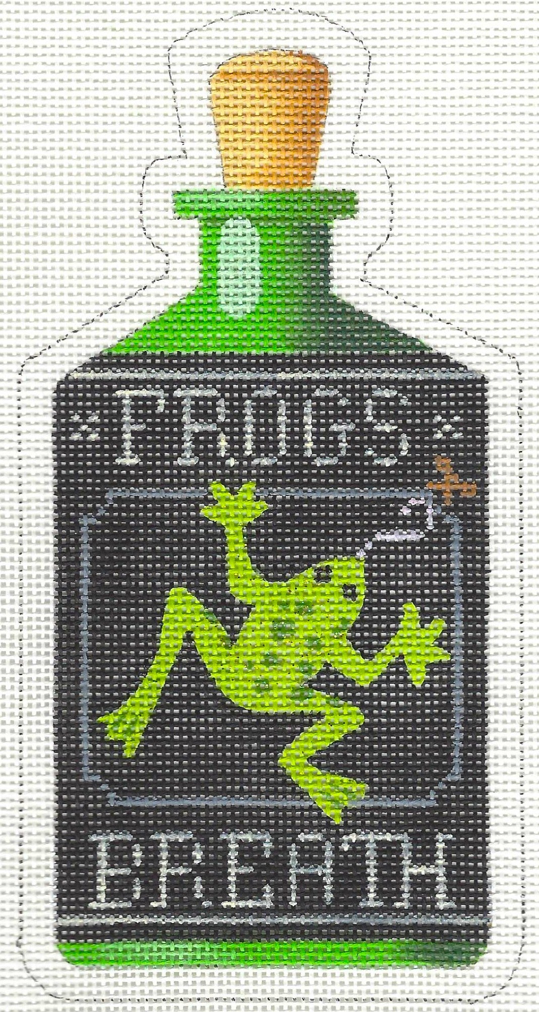 Kirk & Bradley needlepoint canvas of a Halloween bottle of frogs breath with a frog in the center of design
