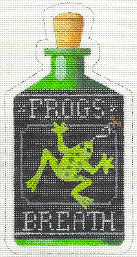 Kirk & Bradley needlepoint canvas of a Halloween bottle of frogs breath with a frog in the center of design