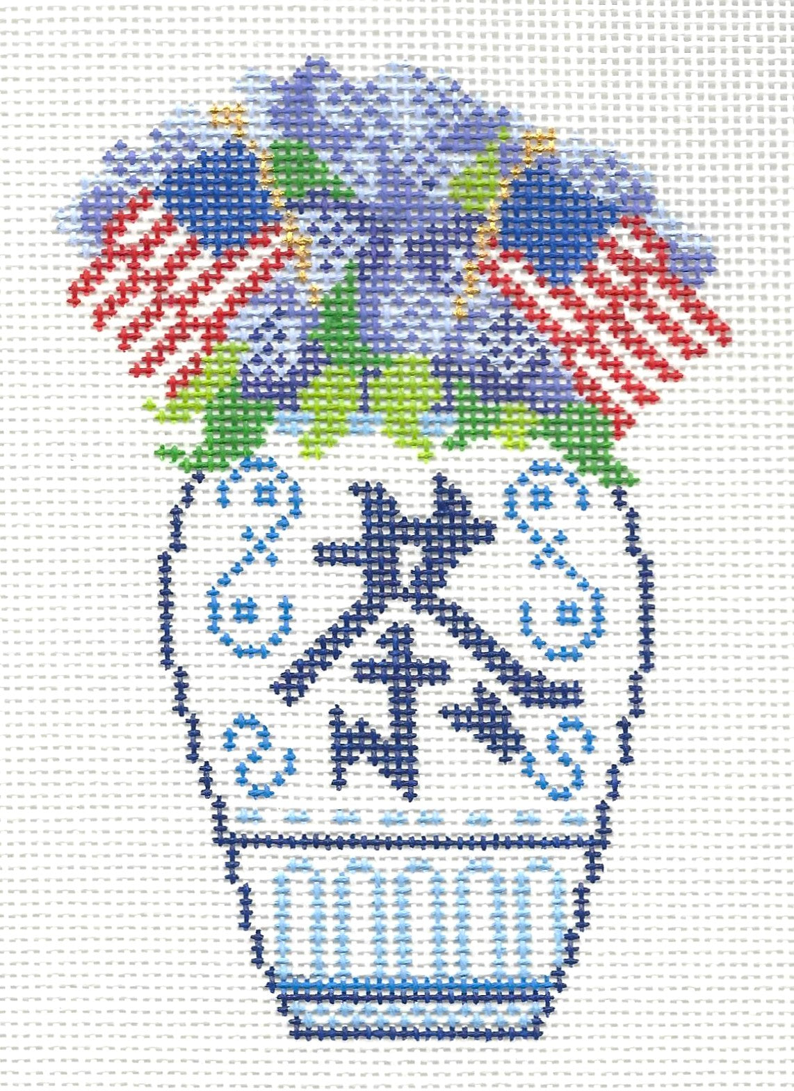 Jessica Tongel Designs needlepoint canvas of a patriotic ginger jar with flowers and American flags