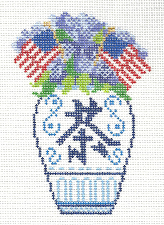 Jessica Tongel Designs needlepoint canvas of a patriotic ginger jar with flowers and American flags