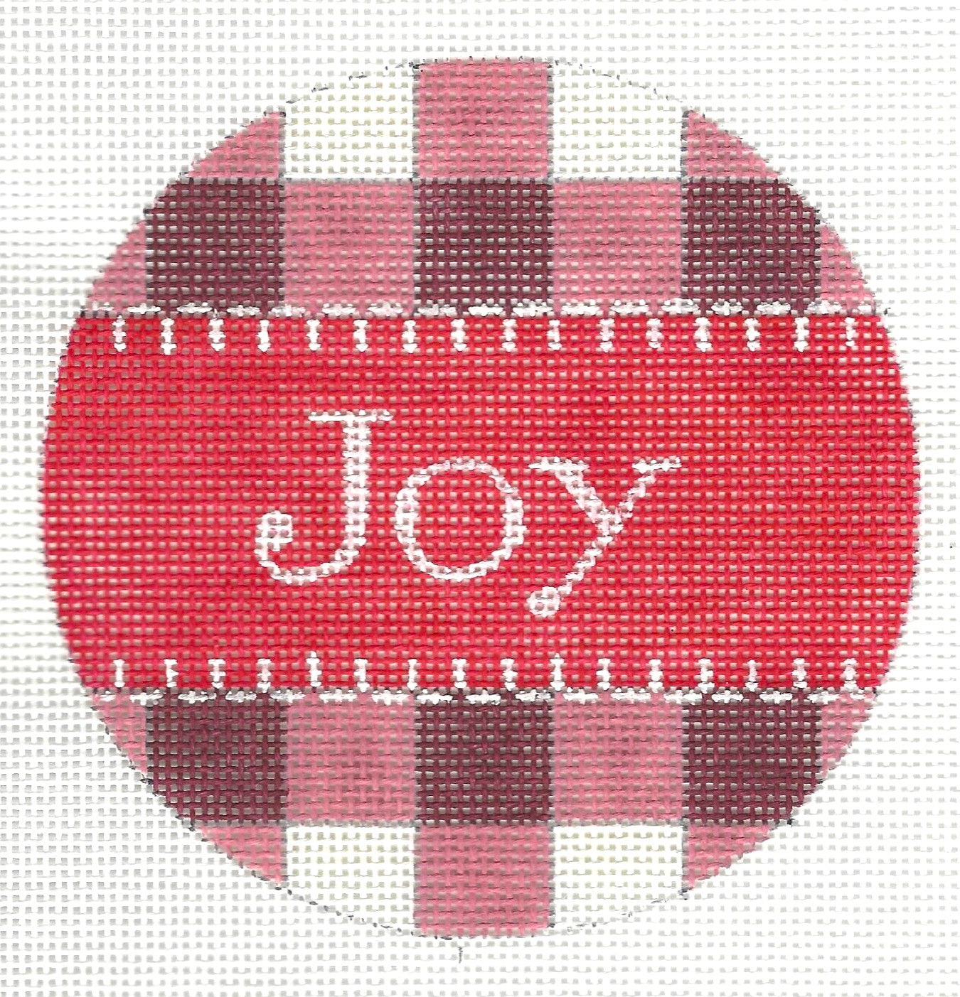 Alice Peterson Co. round ornament needlepoint canvas with red and pink checkered background with 'Joy' text in center