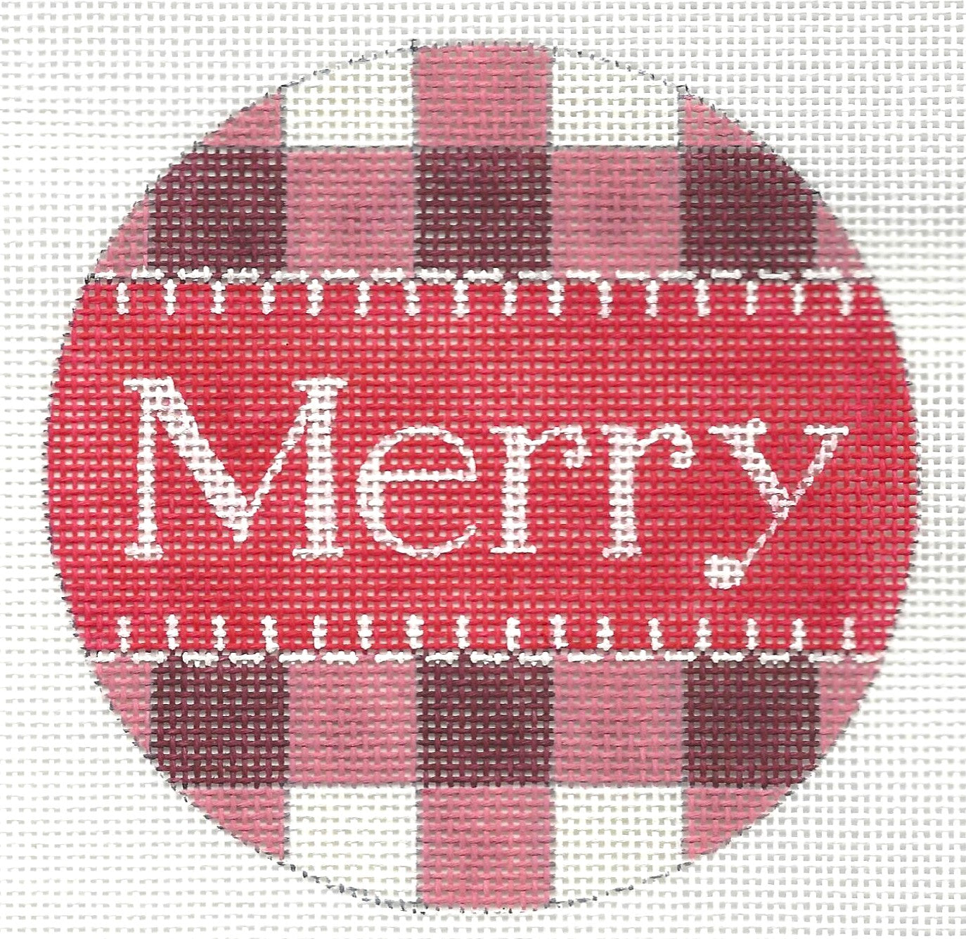 Alice Peterson Co. round ornament needlepoint canvas with red and pink checkered background with 'Merry' text in center