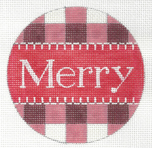 Alice Peterson Co. round ornament needlepoint canvas with red and pink checkered background with 'Merry' text in center