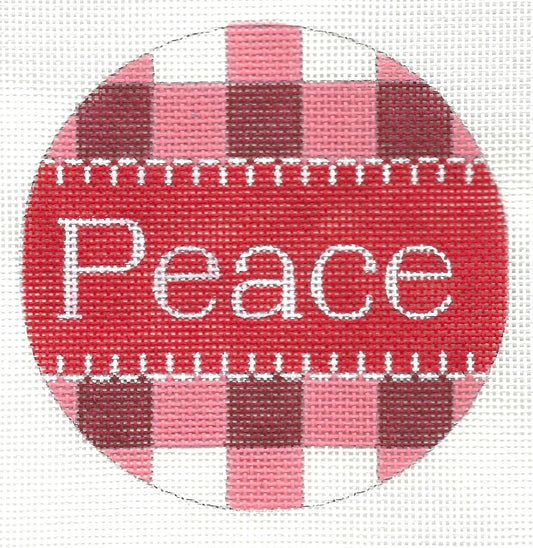 Alice Peterson Co. round ornament needlepoint canvas with red and pink checkered background with 'Peace' text in center