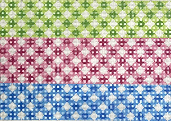 Two Sisters needlepoint canvas of three horizontal bands of Gingham patterns: green and white at the top, pink and white in the middle, and blue and white at the bottom.