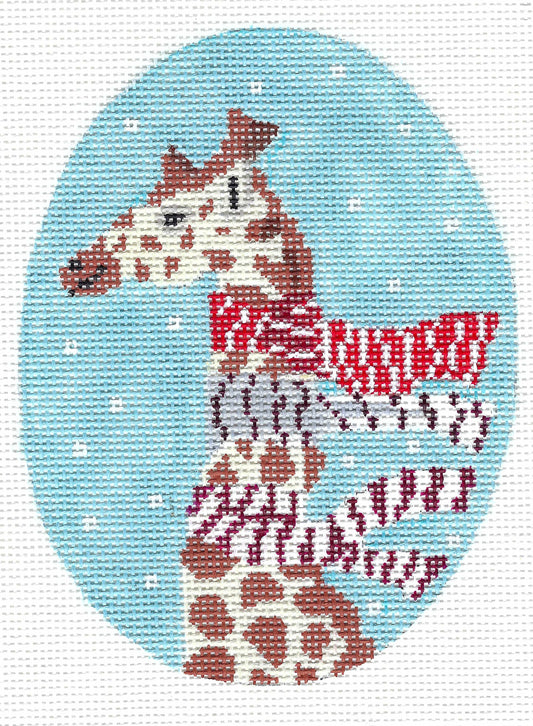 Scott Church needlepoint canvas design featuring a stylized giraffe wearing three striped scarves, set against a light blue oval background with white snowflake details.