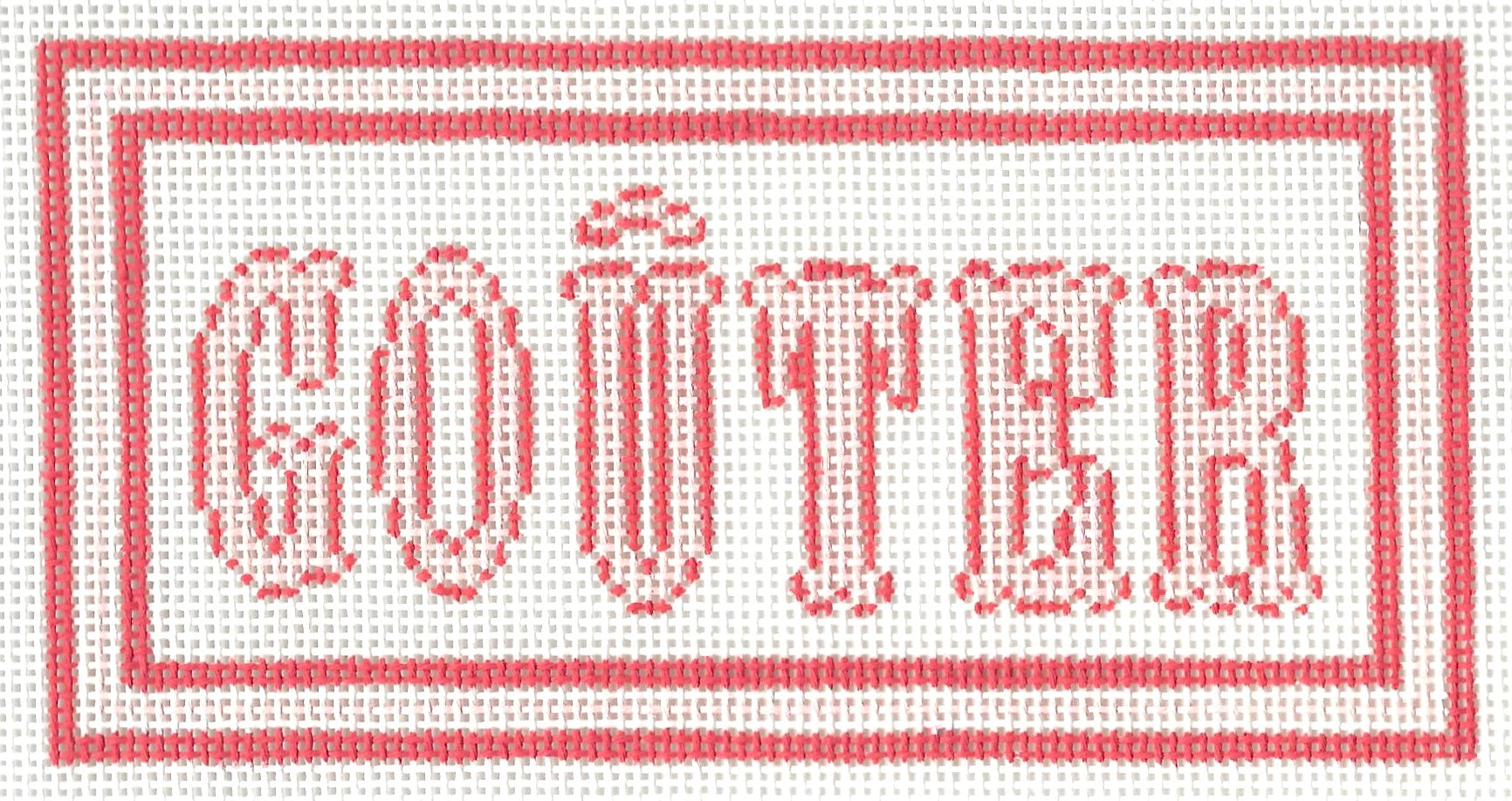 M F Needlepoint canvas of the word 'Gouter' framed by a red border on a white background