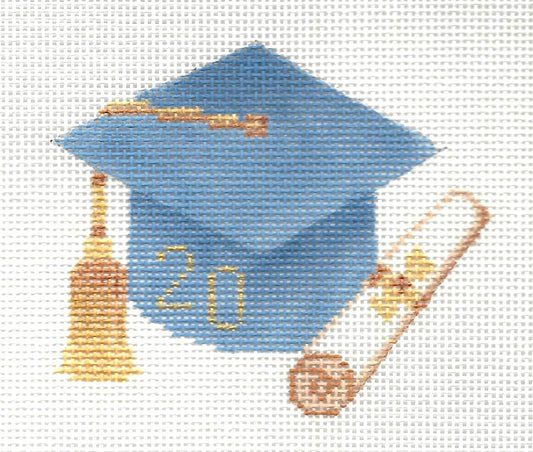 Burnett & Bradley needlepoint canvas of blue graduation cap with tassel and a scroll on a white background