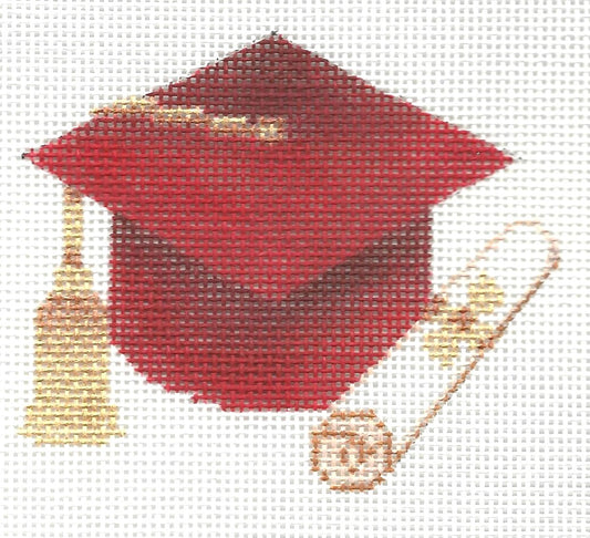 Burnett & Bradley needlepoint canvas of red graduation cap with tassel and a scroll on a white background