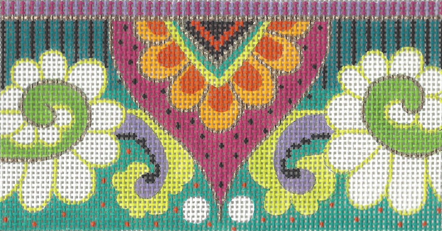 Colors of Praise needlepoint canvas of a colorful pattern with geometric shapes and green swirls on each side