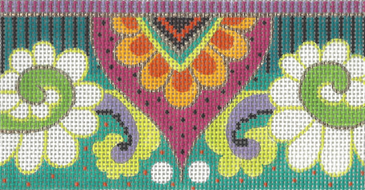 Colors of Praise needlepoint canvas of a colorful pattern with geometric shapes and green swirls on each side