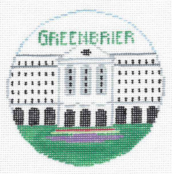 Kathy Schenkel round needlepoint canvas of a large white house with black windows and a green lawn and green text 'GREENBRIER' above the house.