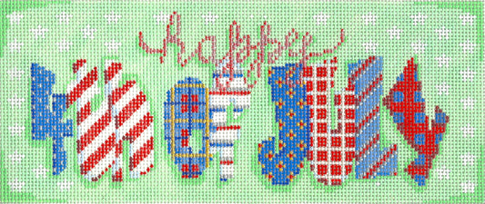 Associated Talents needlepoint canvas of colorful, patterned text 'happy 4th of July'
