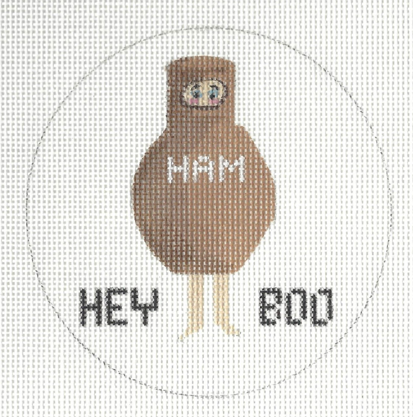 Gingham Stitchery needlepoint canvas of person in a ham costume with text 'HAM' and 'HEY BOO'