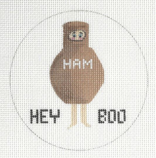 Gingham Stitchery needlepoint canvas of person in a ham costume with text 'HAM' and 'HEY BOO'