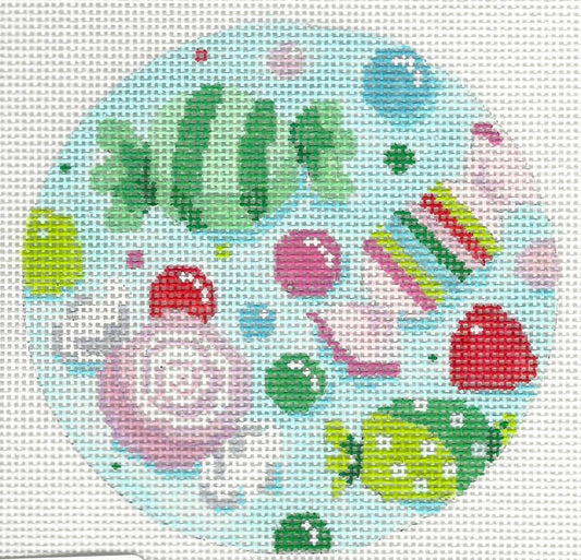 Blueberry Point Canvas round needlepoint canvas of holiday taffy