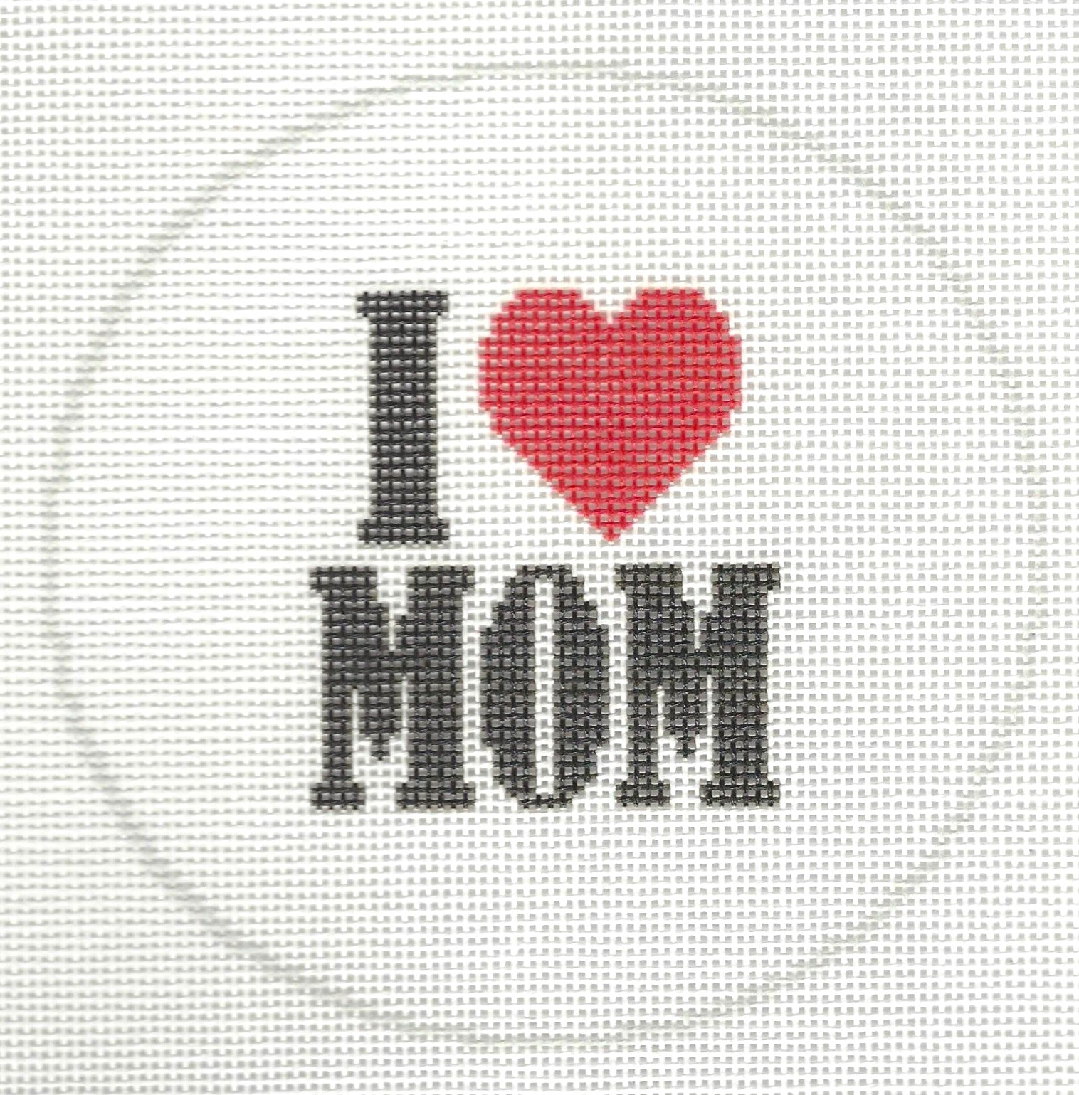 Needlepaint round needlepoint canvas with 'I ❤️ MOM' on a white background